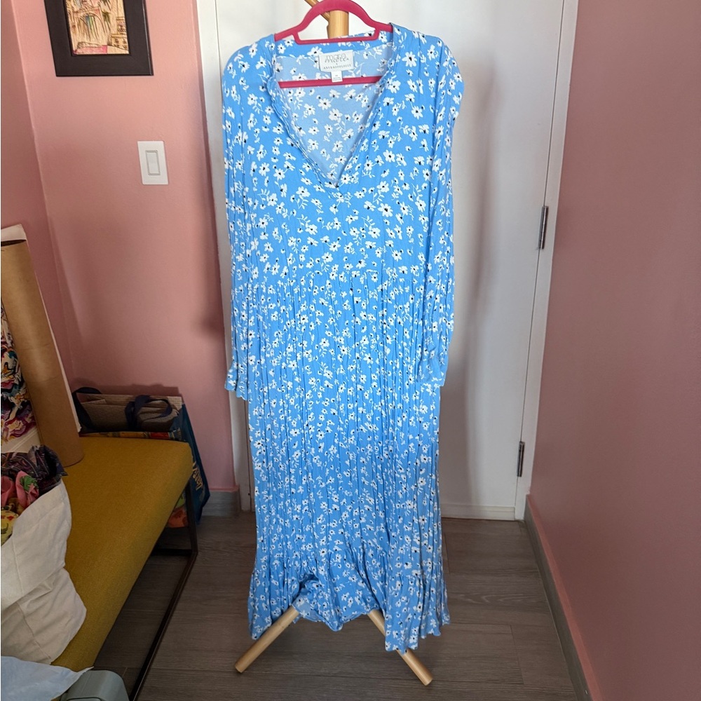 Anthropologie Sky Blue Floral V-Neck Long Maxi Dress